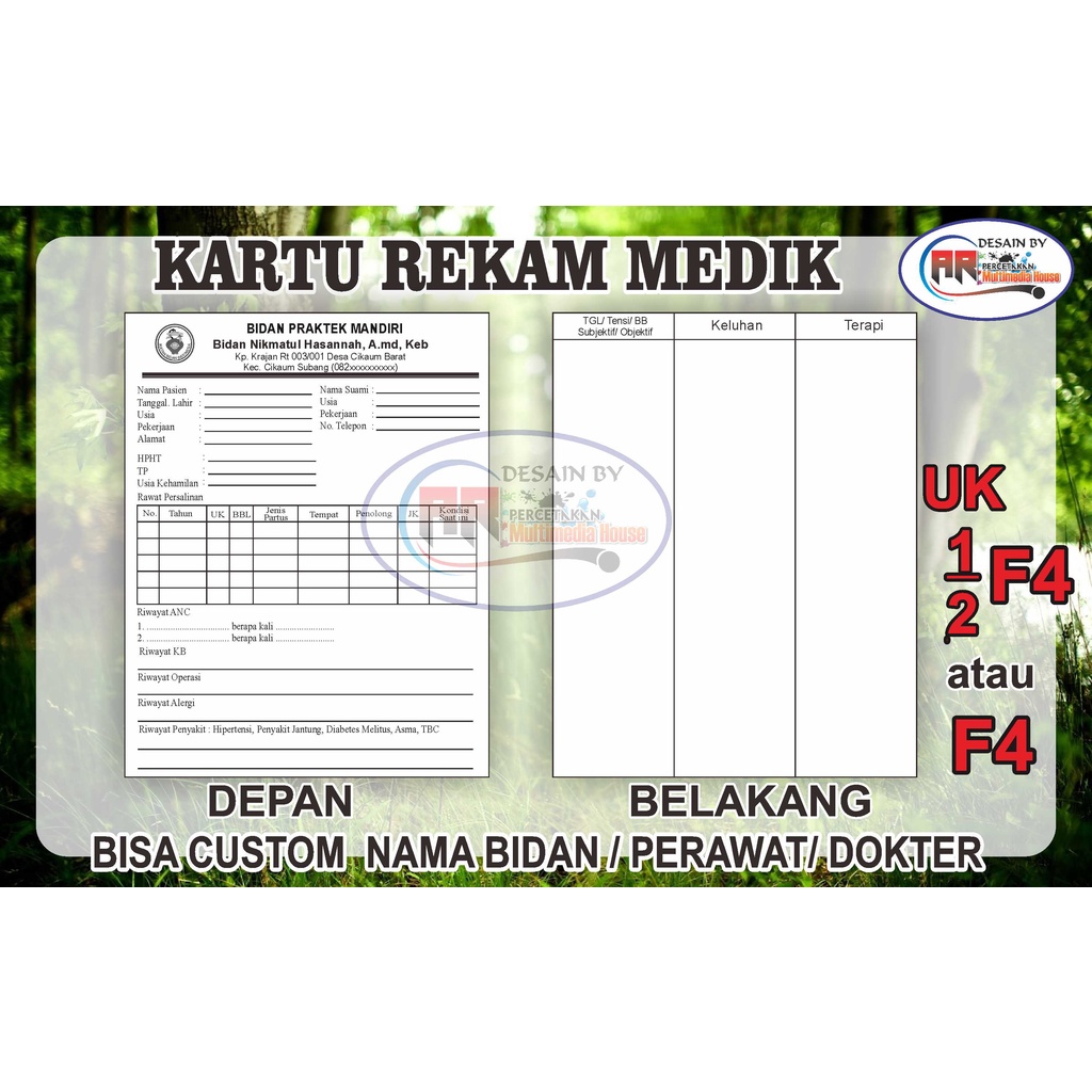 50 LEMBAR Kartu Rekam medik ANC custom kop UKURAN F4 21,5 x 33 cm.