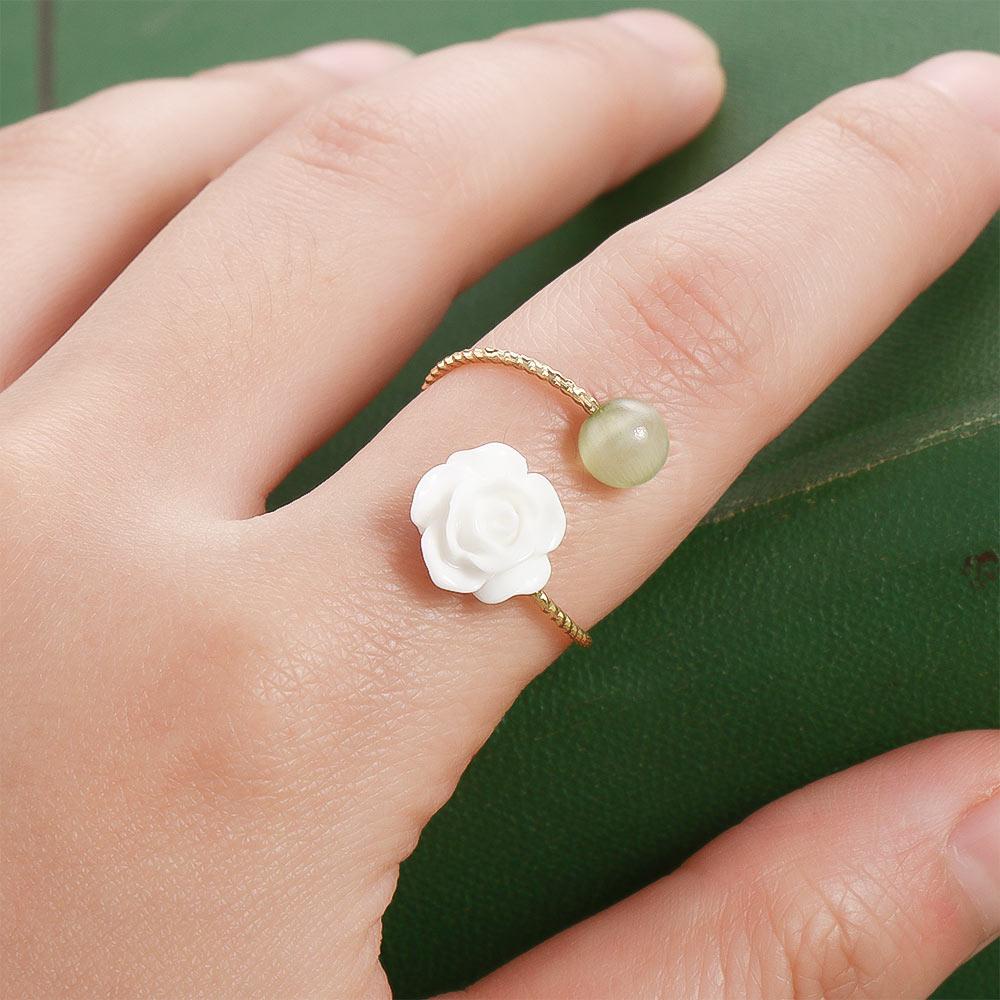 Needway  Hetian Jade Cincin Elegan Perhiasan Emas Bunga Mawar Putih Camelia Wanita Jari Cincin Gaya Cina Cincin