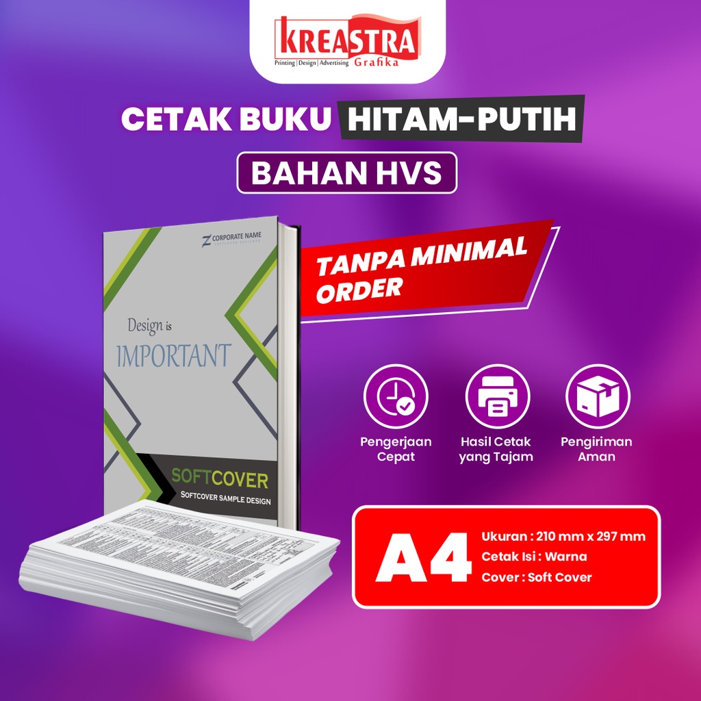 

Jasa Cetak Percetakan Buku Ukuran A4 Isi Hitam Putih Bahan HVS Sampul Soft Cover