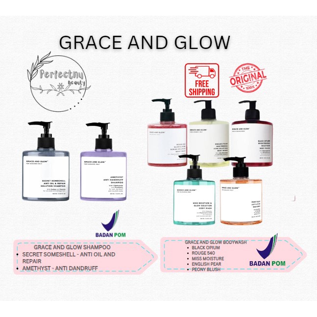 Grace and Glow bodywash /shampoo- moisture peony black opinum english pear bpom original