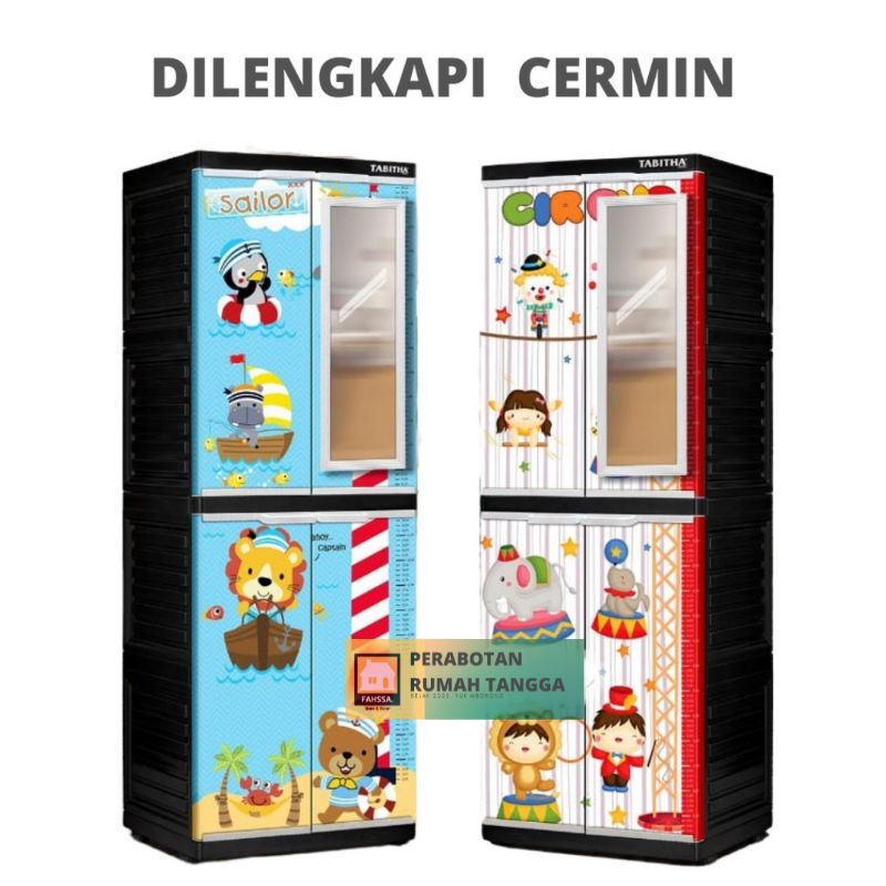 FAHSSA Lemari Plastik Kaca Cermin Karakter Tabitha LS2P | Lemari Anak Printing Motif Lucu | Pusat Pe