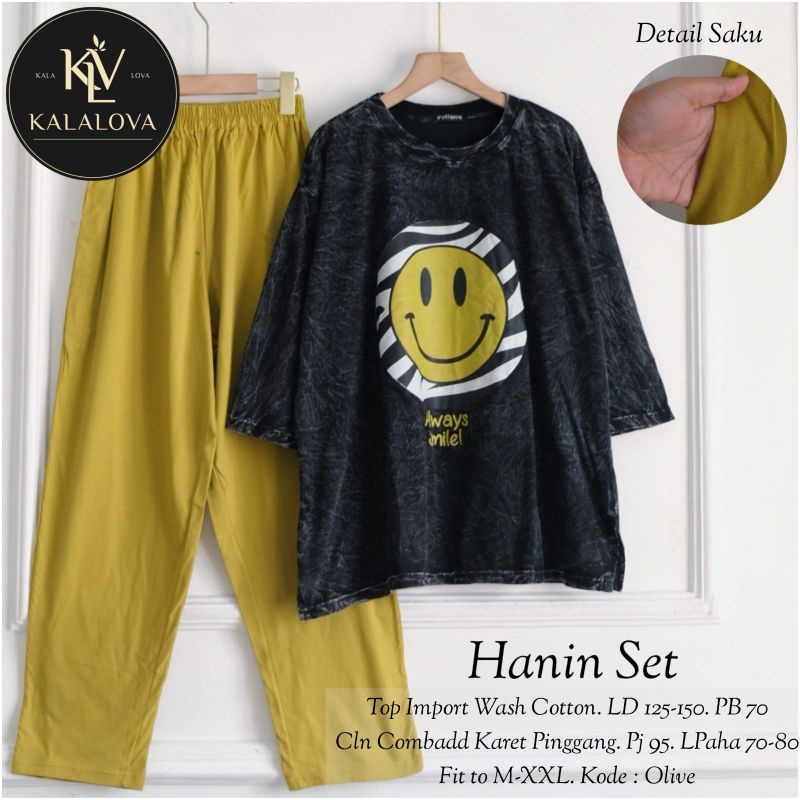 HANIN SET BY KALALOVA | Setelan Wanita Atasan Kaos Bahan Wash Cotton Celana Kaos Combed Super Jumbo 