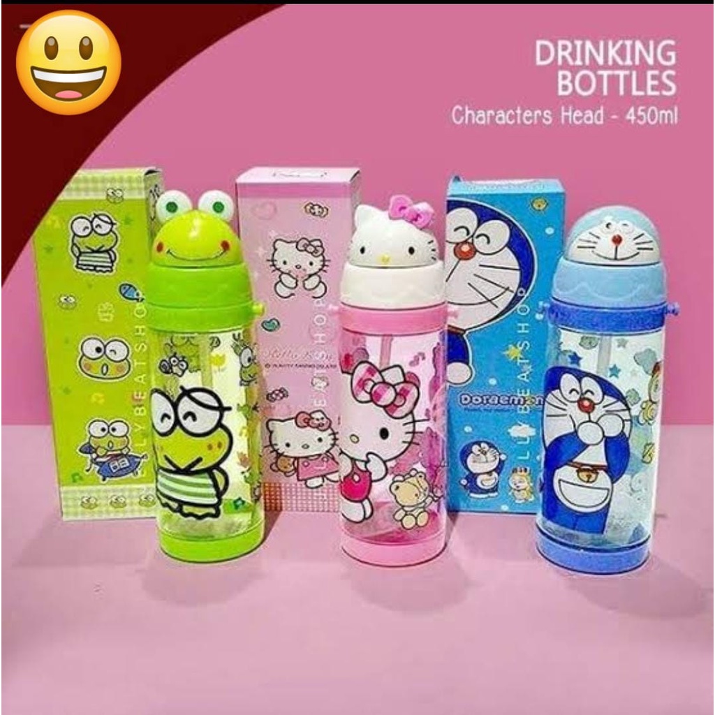 BELLA - BOTOL MINUM ANAK 450ML KEPALA KARAKTER KEROPI MICKEY DORAEMON, HELLO KITTY ADA STRAP