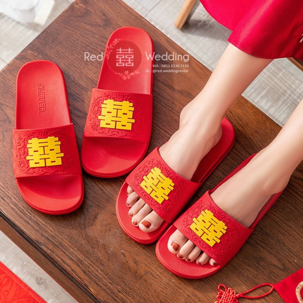 [Logo Big Xi] Sandal Merah Bahan KARET Pengatin Groom /Bride  Sepatu Wedding dengan Logo Shuang Xi Sanghi