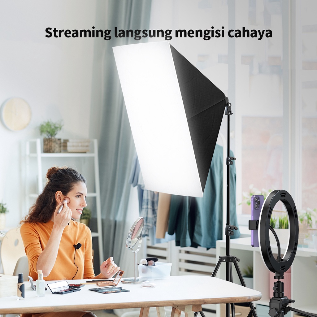 Softbox Photography Lighting Kit 45W 5500K untuk Live Streaming Studio Lighting/Potret Fotografi/YouTube Video dengan E27 Socket 50x70cm SoftBox