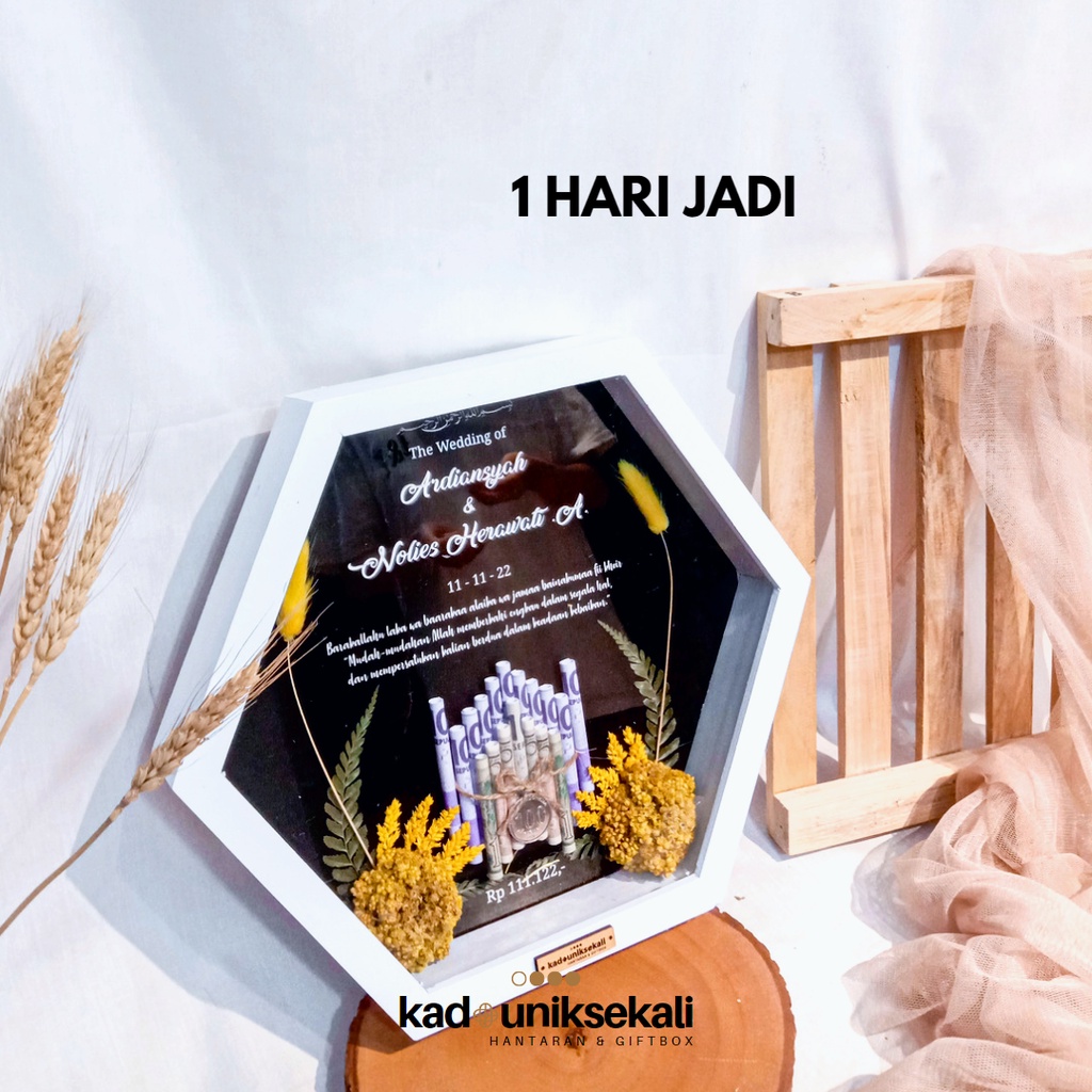 HEXAGONAL FRAME MAHAR PERNIKAHAN 3D | MAHAR UANG 30CM TERIMA JADI | HANTARAN WEDDING