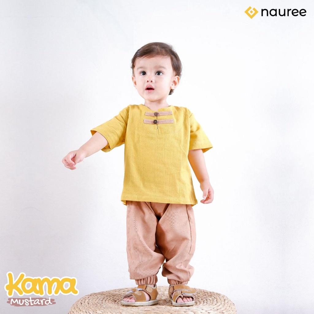 Nauree - Baju Setelan Anak Laki Laki Kama Untuk Usia 1 2 3 4 5 6 7 8 Tahun Warna Mustard Demin Polos Bahan Linen Crinkle &amp; Baby Coduroy Linen Crinkle Kualitas Premium Untuk Jalan Jalan Lembut Modern Lucu Trendy Murah Jahitan Rapih  &quot;