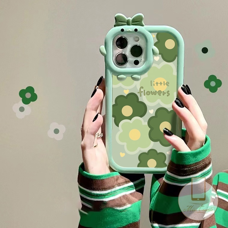 Realme C31 C31 C33 C25Y C25s C30 C35 C25 C12 C11 C17 C21 C15 C20A C11 2021 C21Y 9i 6i 7i 5i C3 C2 C20 5s Lovely 3D Bow-knot Lensa Monster Kecil Fresh Green Flowers Shockproof Soft Case