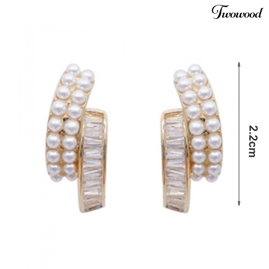 1 Pasang Anting Stud Mutiara Berlian Imitasi Double Layer Untuk Wanita