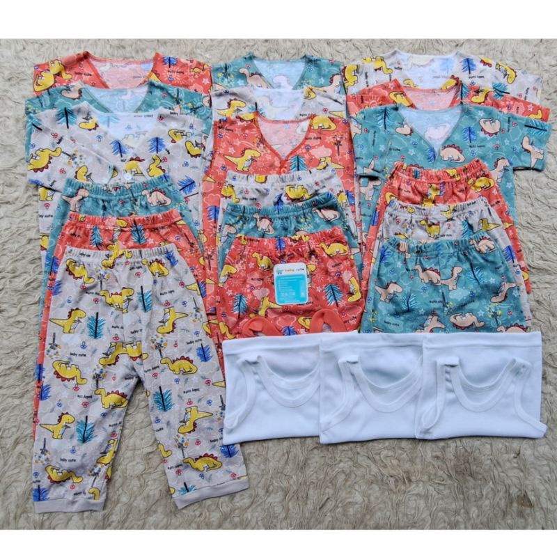 24pcs Paket Lahiran Perlengkapan Baju celana bayi kado Newborn,3-6 dan 6-12 bulan  Motif Dino netral topi singlet sarung tangan bayi SNI Promo 9.9