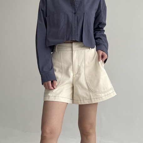 Peach Poppy KARINA Contrast Stitch Short Premium Pants - Celana Pendek Denim Look Alike