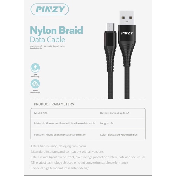 Kabel Data PINZY C24 USB Type C Nylon Braid 2.4A Fast Charging - Charger C24 -