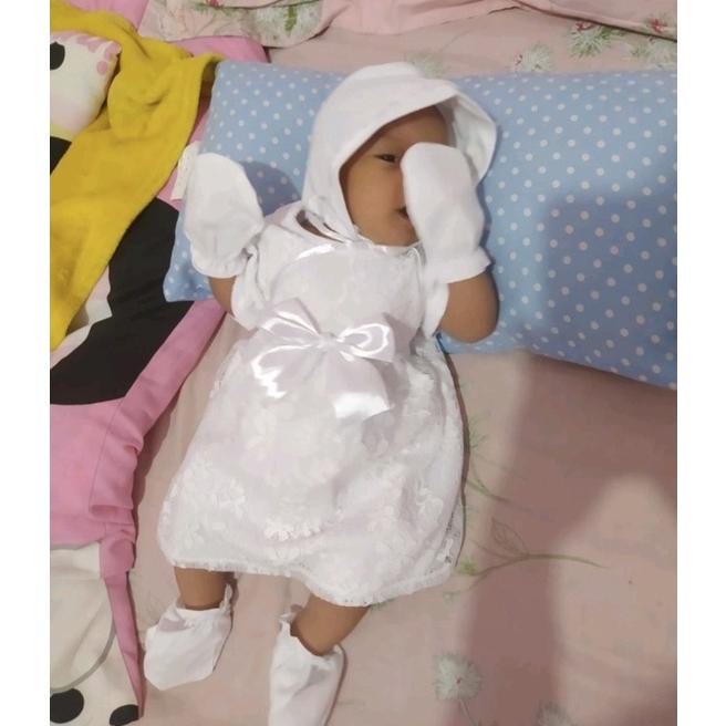 PRODUK- MOANA DRESS BAYI BARU LAHIR PUTIH BROKAT BB LUCKY TOPI BAYI + SARUNG TANGAN + KAKI (AQIQAH, 