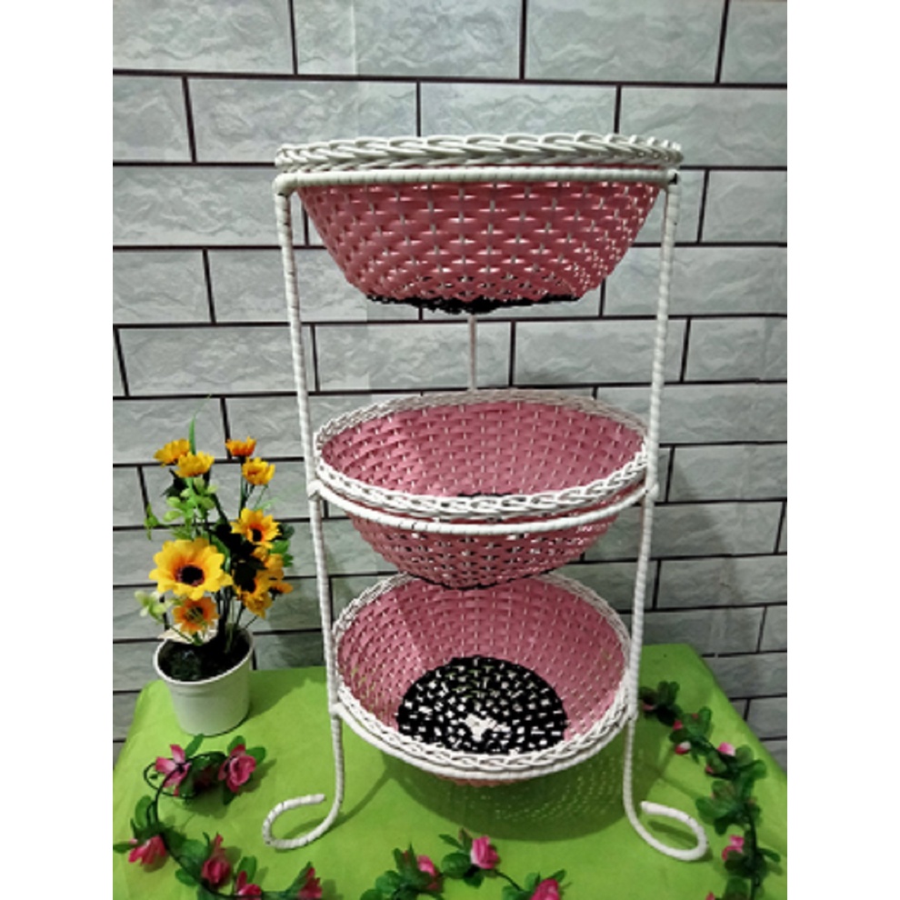 Murah  Rak Bawang 3 Susun Oval Rotan Sintetis Kerangka Besi Rak Bumbu Dapur Rotan Keranjang