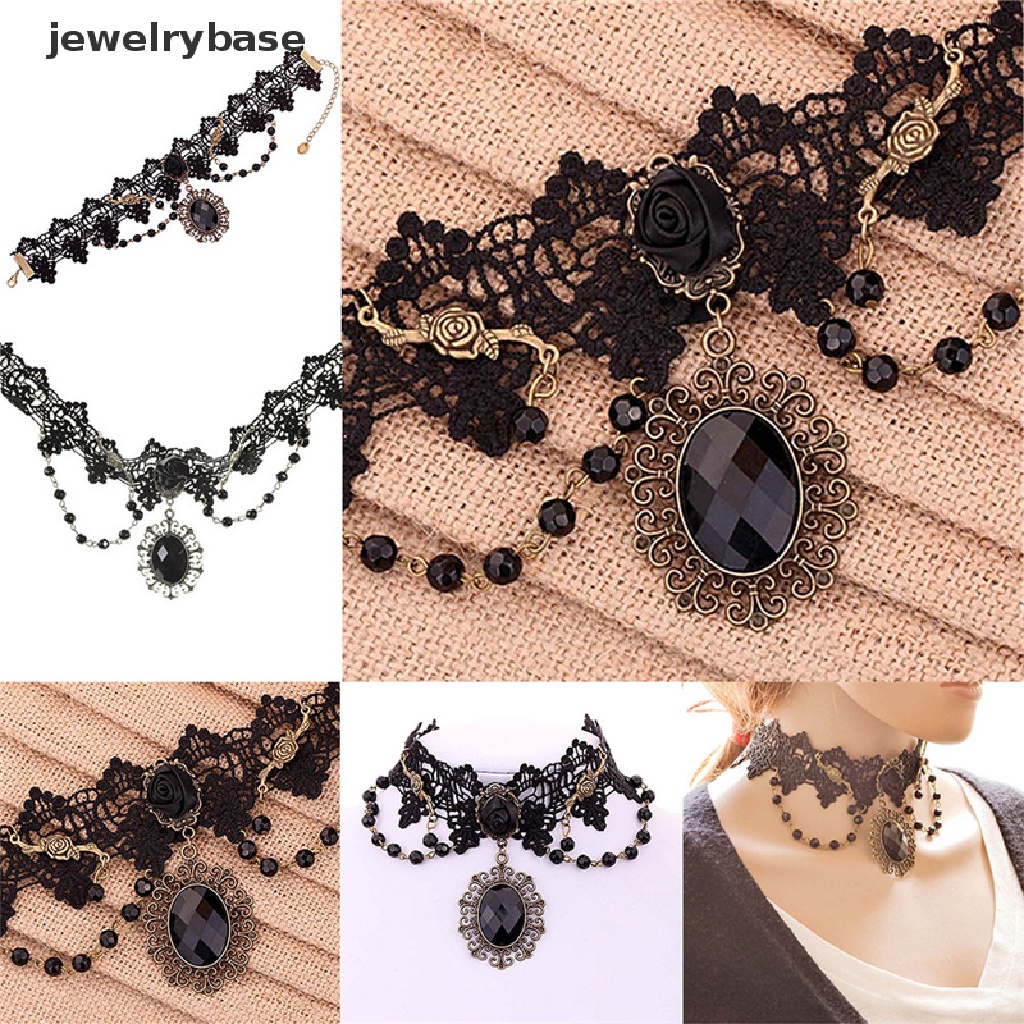 Kalung Choker Rantai Manik-Manik Renda Bunga Mawar Hitam Gaya Gothic Lolita