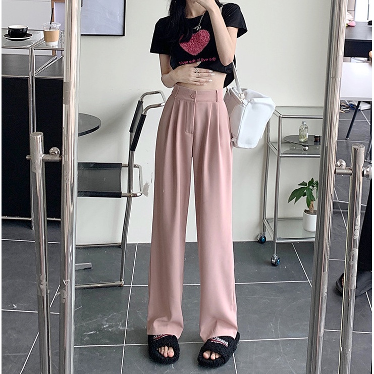 High Waist Drape Simple Longgar Lurus Kasual Celana Untuk Wanita 3 Warna