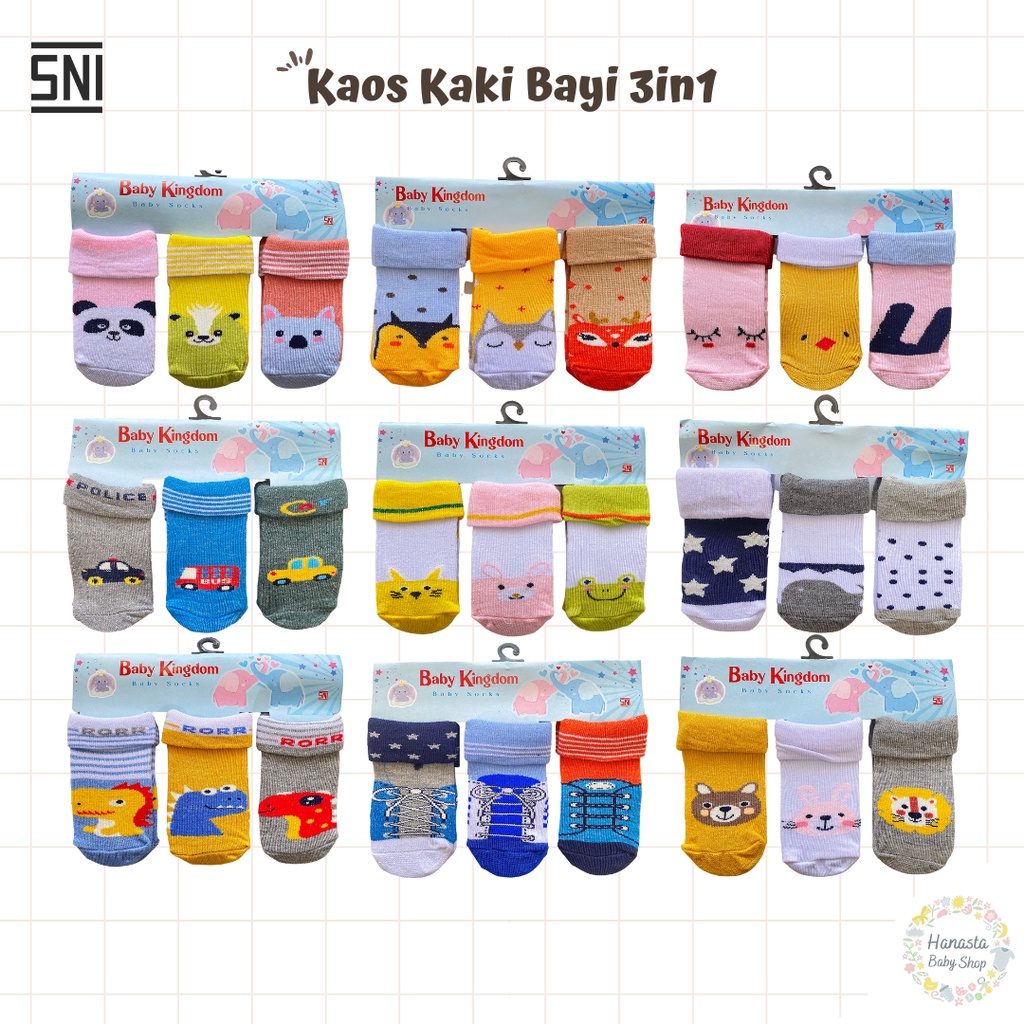 3In1 Kaos kaki bayi baru lahir Baby Kingdom / Kaos kaki bayi laki-laki perempuan 0-6 Bulan SNI Motif Lucu