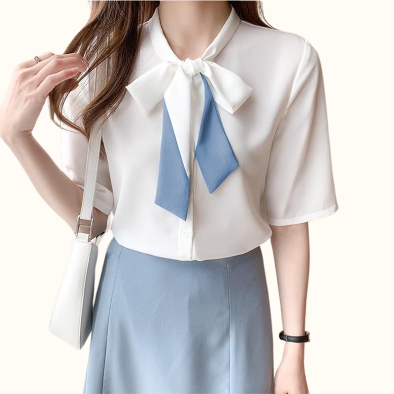 Kemeja lengan pendek wanita gaya korea variasi pita model Terbaru - XSHOP Arshinta
