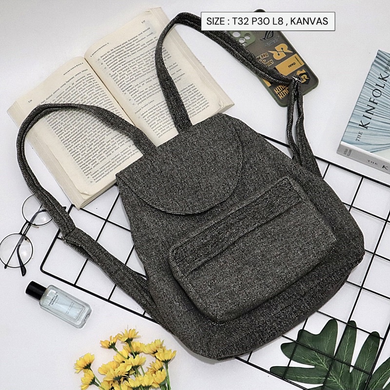 Bayar di Tempat COD Tas Ransel Serut Bahan Kanvas KANTONG Depan Ukuran Medium tas punggung wanita-Warna 709