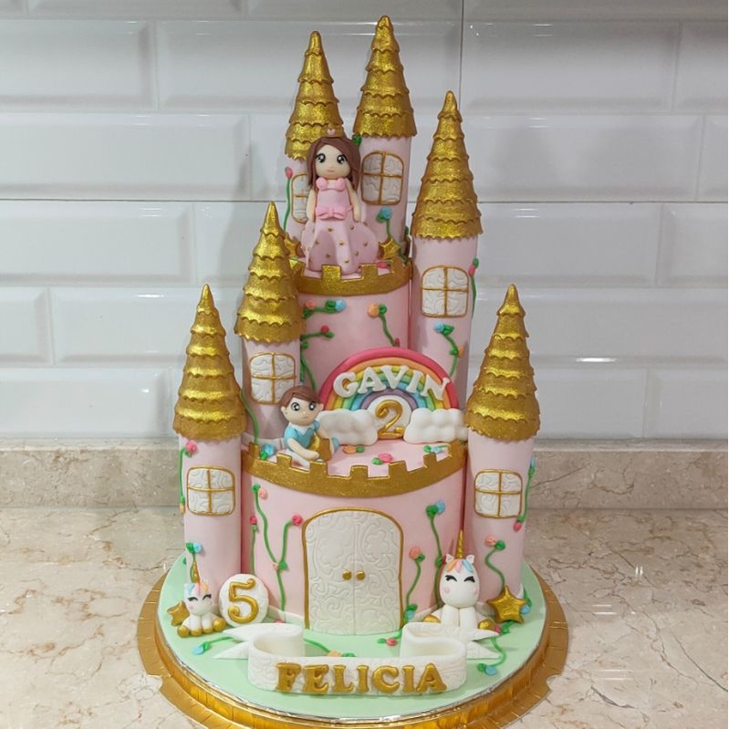 

Magical Unicorn & Princess Golden Castle Custom Cake