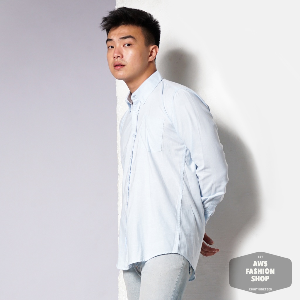 819 Kemeja Pria Lengan Panjang Polos Baby Blue Biru Soft Oxford Basic SIMPLE Slimfit Casual Tersedia Ready Sampai Size JUMBO BIG SIZE XXL XXXL