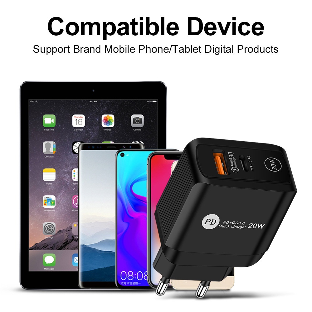 Adapter Power Charger Dual Port USB-A + Tipe-C 20W QC3.0 + PD Portable Untuk Iphone / Android