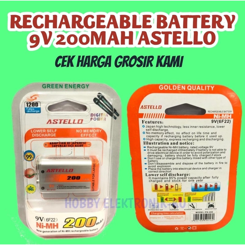 RECHARGEABLE BATTERY KOTAK 9V 200MAH ASTELLO