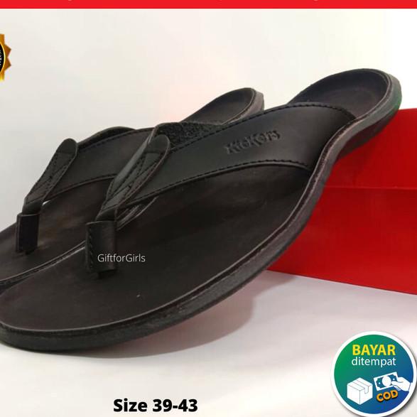 Kickers Original Sendal Jepit Kulit Asli Pria Sandal Cowok Formal - Hitam, 43