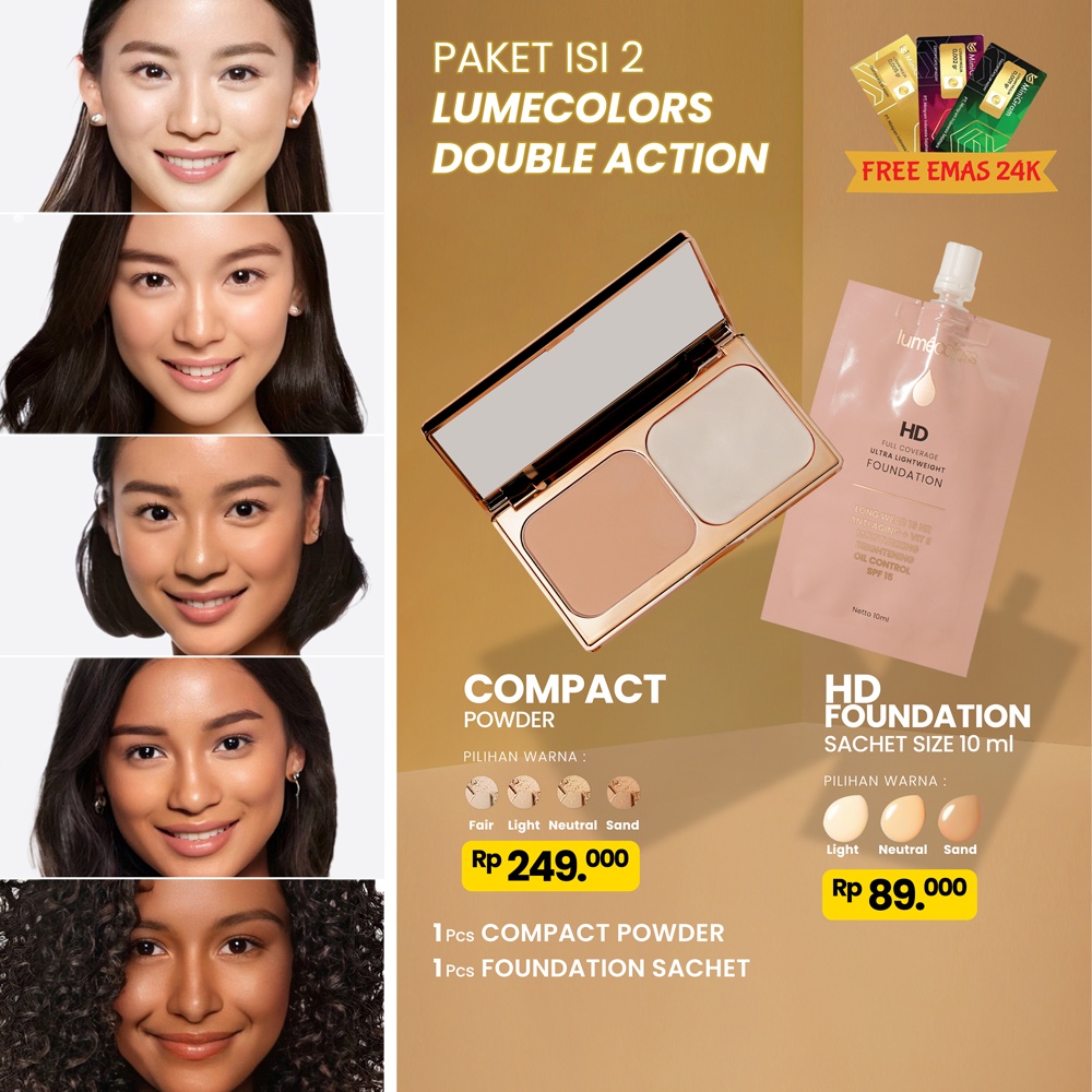 (Free Emas 24K) Lumecolors Paket Bundling 2in1 Double Action Compact Powder + Sachet Foundation 10ml