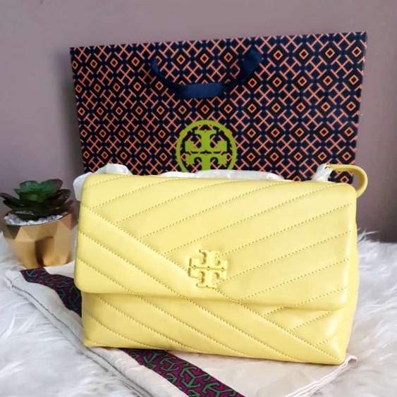 Tas Wanita Branded Tory Burch TB Kira Chevron Powder Coated Small Convertible Shoulder Bag Calendula