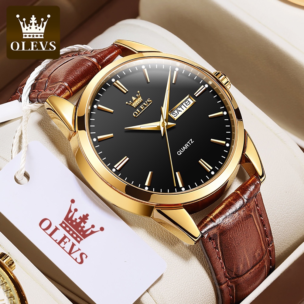 OLEVS Jam Tangan Pria Original Anti Air Tahan Kulit Tanggal Luminous Analog Men Watch Biru Hitam Putih Cod