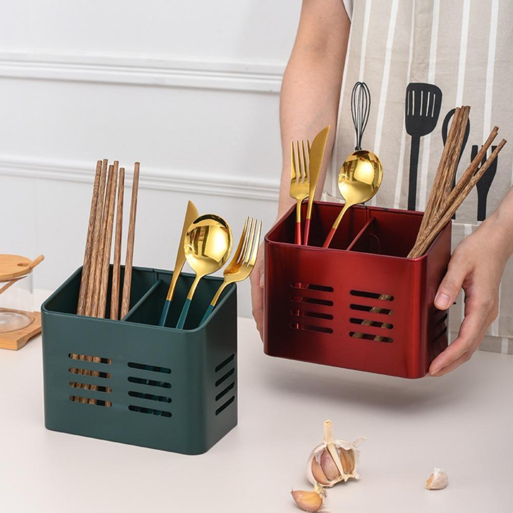 Solighter Stainless Steel Chopstick Holder High quality Tahan Lama Alat Dapur Double Grid Kotak Penyimpanan Peralatan Dapur Alat Tulis Sendok Garpu Pengering Drainer Rak