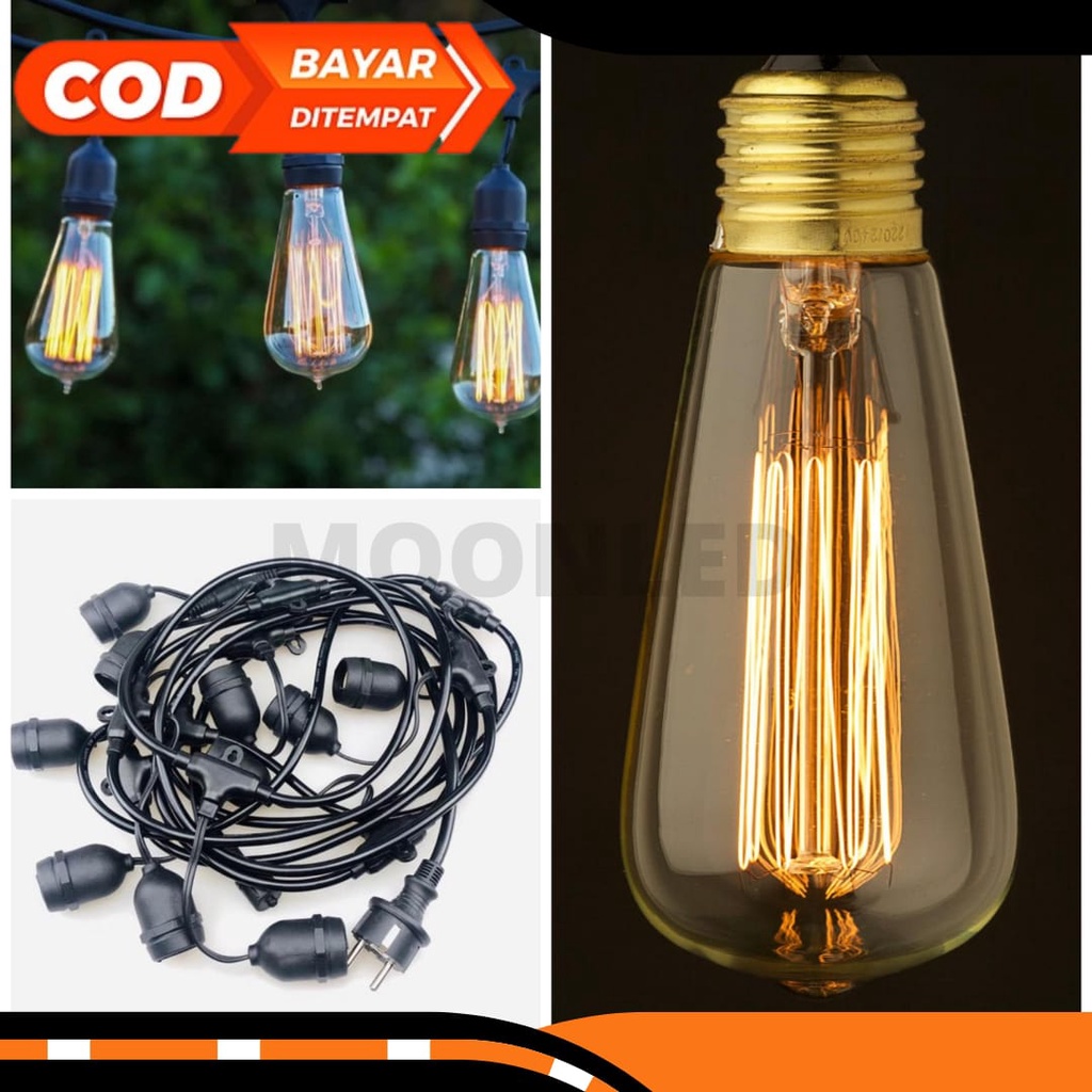 PAKET Lampu Gantung 10 METER 10 FITING + 10 BOHLAM FILAMEN 4 WATT ST64