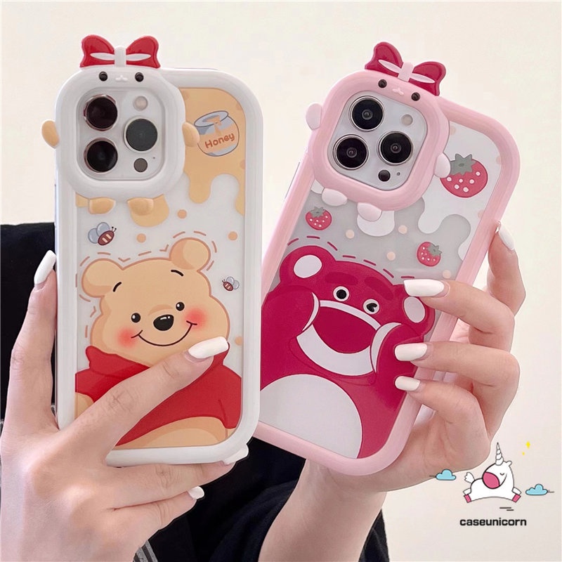 Realme C33 C1 C11 C25Y C35 C15 C21Y C31 C30 C25 C25s C21 C2 C1 C3 C17 8 8pro 7 9 9pro+8i 5 6i 9i 5s 5 7i Winnie The Pooh Strawberry Bear Kartun 3D Bow Little Monster Lens Lembut Case Tempat Kotak Makan