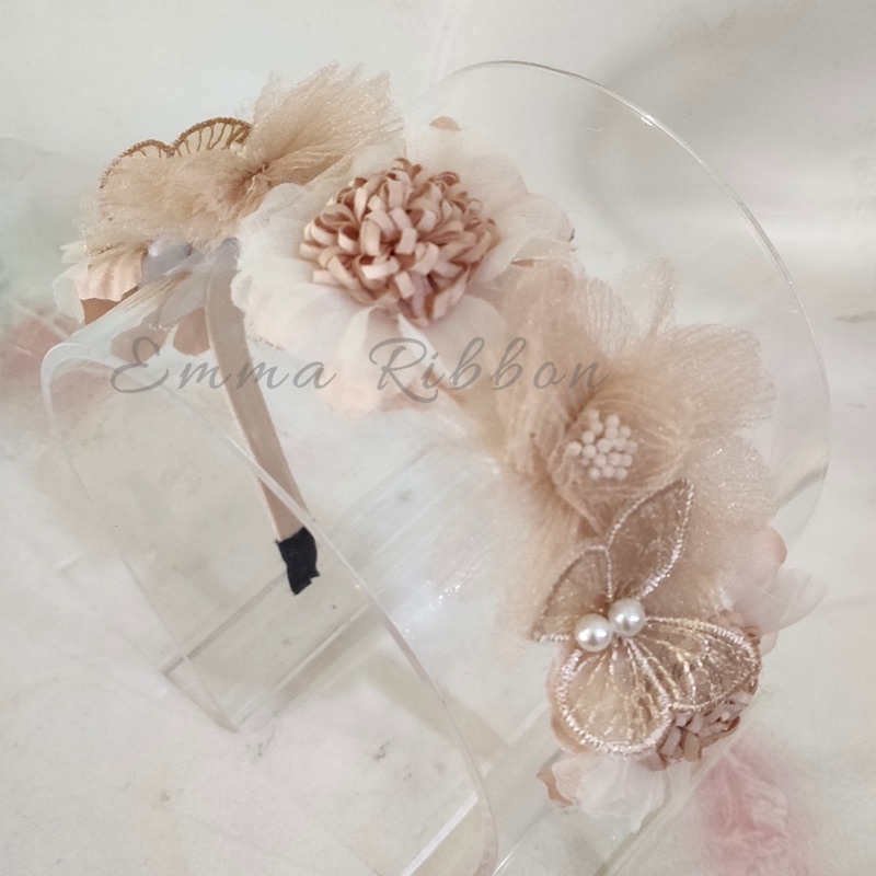 Flower Crown Beige/ Bando Bunga Melingkar Krem/ Beige/ Cokelat Muda/ Bandana Bayi/ Mahkota Bunga/ Ba