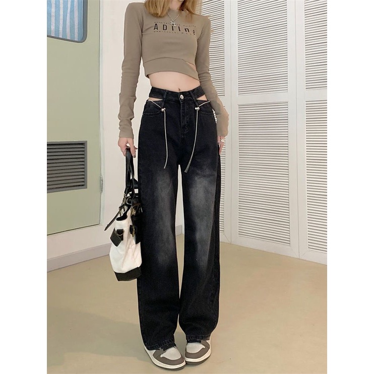 Suhao rantai jeans wanita musim gugur baru berongga rasa desain ceruk high waist slim wide leg mopping pants high street tide