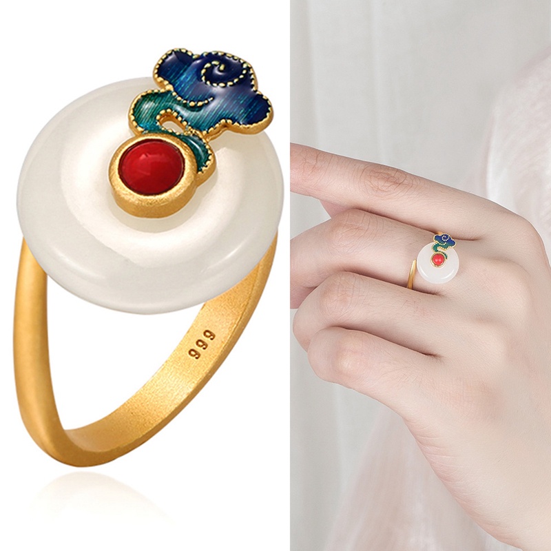 Fancyqube Cincin Giok Hetian Cloisonne Gaya Cina Kuno Untuk Aksesoris Perhiasan Wanita