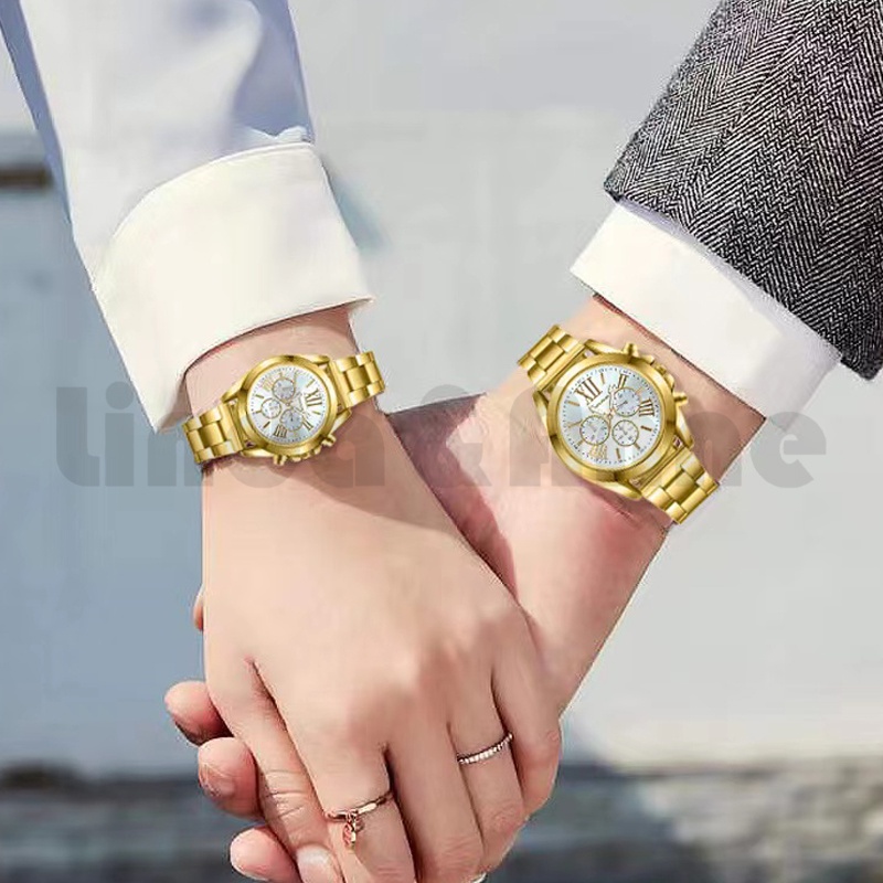 Jam Tangan Pria Geneva Wanita Couple Dial Bulat Romawi Stainless Steel Analog Quartz