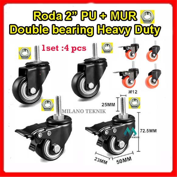 Roda 2 inch PU+MUR Double Bearing HEAVY DUTY (1set: 4pcs) Screw etalase caster Troli 2&quot;