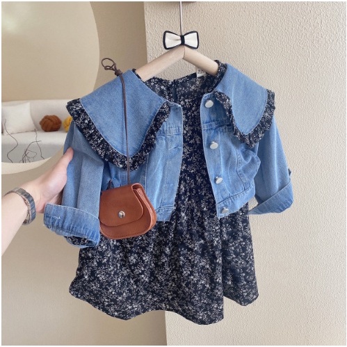 DRESSES 2in1 GIRL MODEL BLUE GAUN DENIM SIZE 100-140 FLORAL BLACK