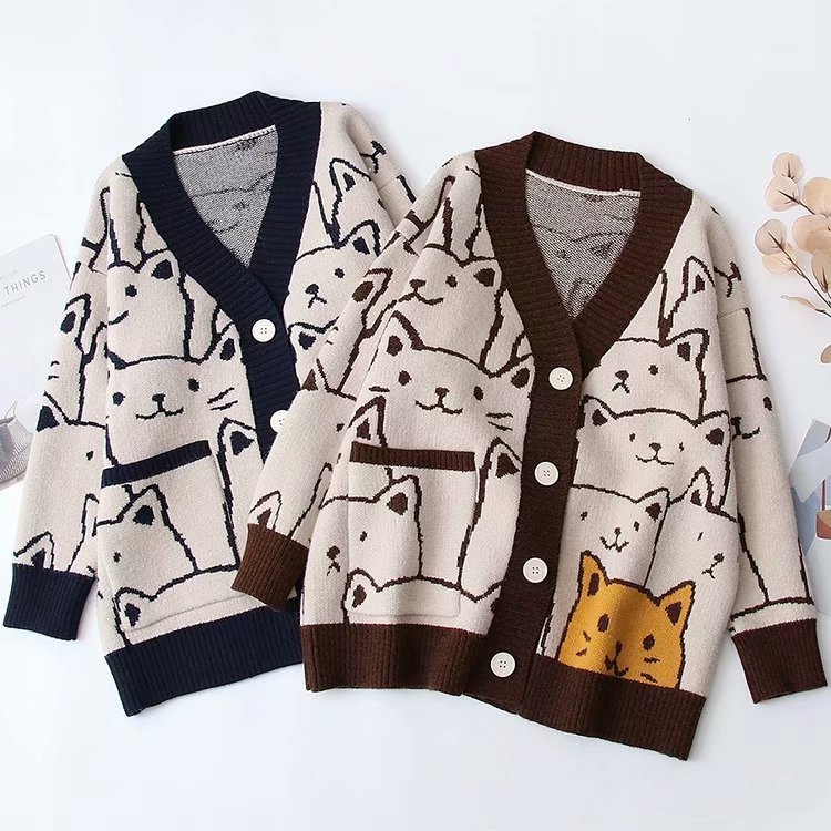 Harajuku Cardigan Cartoon Cat Rajut Knit Outer Premium Tebal