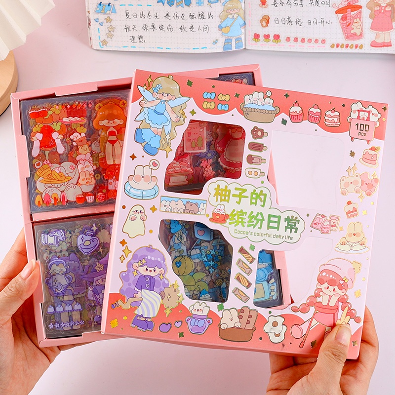 100 Lembar Stiker Transparan Motif Kartun Perempuan Tahan Air Untuk Dekorasi