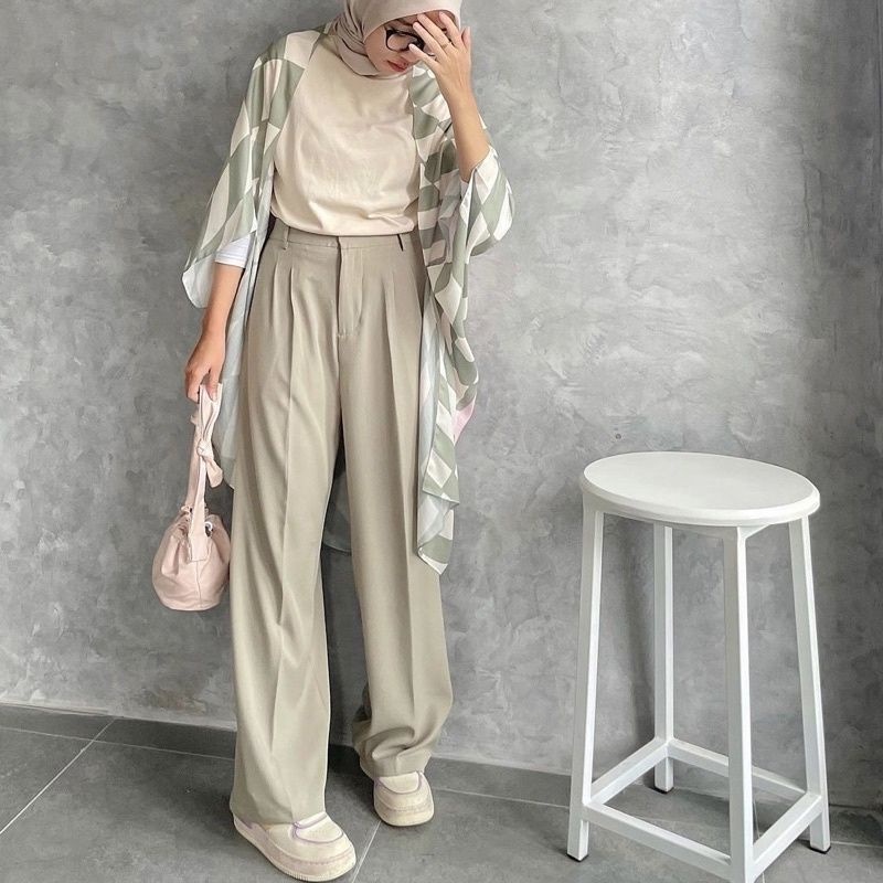 LOOSE PANTS TROUSERS (CREAM) CELANA ANTI KUSUT WANITA CELANA KULOT WANITA CELANA KANTOR FORMAL CELANA KERJA