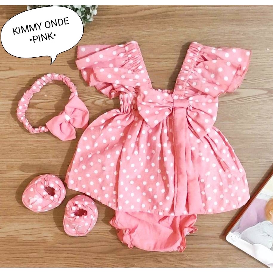 Setelan Baju Anak Bayi Perempuan Atasan Dan Celana Pendek Motif Kimmy Onde cewek Free Sepatu Dan Headband Estimasi Usia 0-6 Bulan