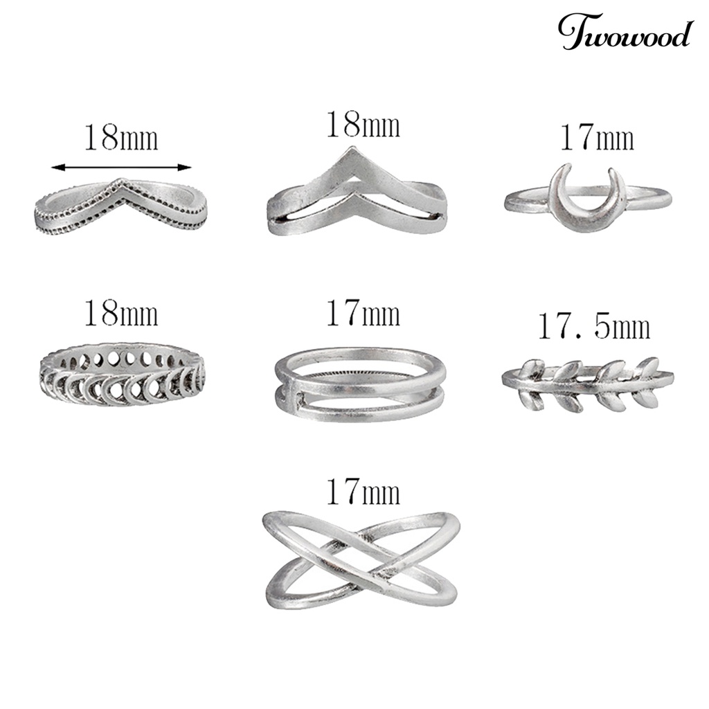 7pcs Cincin Jari Bentuk Daun Bulan Bahan Alloy Untuk Pesta