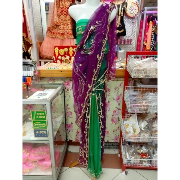 Sari Swarovsky Hijau Ungu Kain Saree India Bollywood Pesta