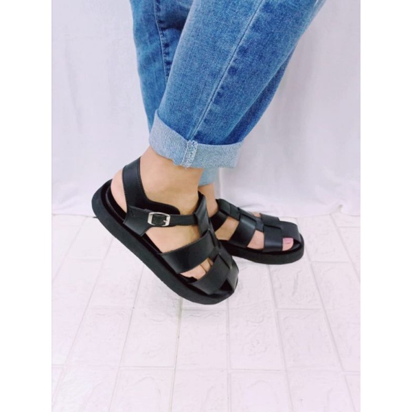 LS_Sandal Sendal Sepatu Motif Talita Cumi Hitam Slip On Tali Gesper Wanita / Sepatu Flat Sandal Slip