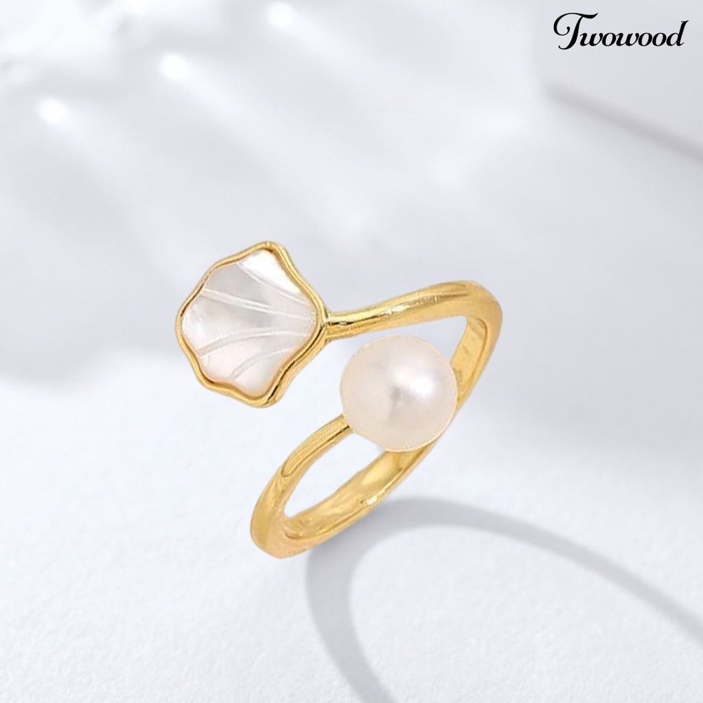 Cincin Model Terbuka Adjustable Bentuk Kerang Aksen Mutiara Buatan Gaya Vintage Untuk Wanita