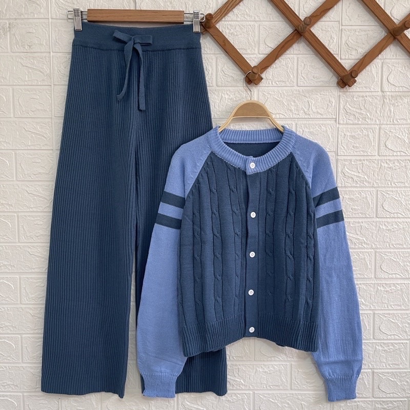 SERBA DENIM ONESET SWEATER CARDIGAN RAJUT SETELAN CELANA KULOT RAJUT