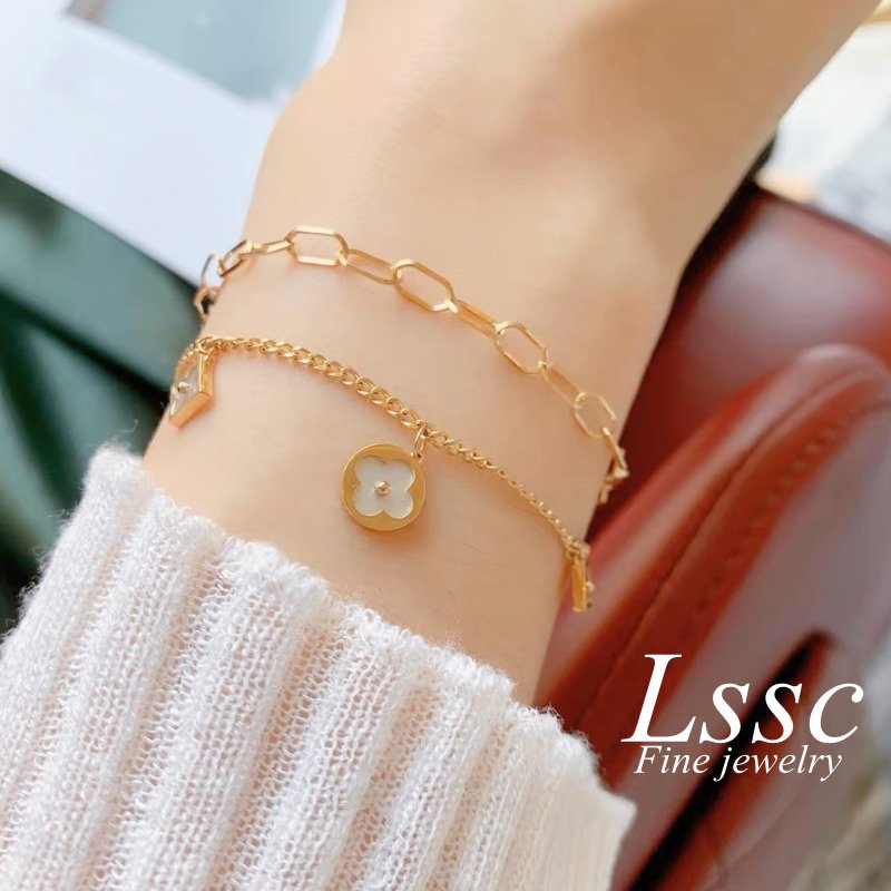 Gelang Titanium 2 Layer Bunga Keberuntungan Emas 18K Wanita Anti Karat Perhiasan Fashion Korea